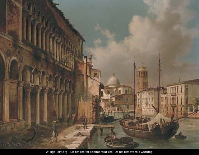Figures before a palazzo on a Venetian backwater with San Giorgio Maggiore beyond - Luigi Querena