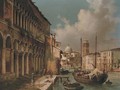 Figures before a palazzo on a Venetian backwater with San Giorgio Maggiore beyond - Luigi Querena
