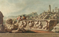 A view of Tyndareus from the South, with figures by a sarcophagus and fragments of scuplture, the ruins of a temple - Luigi Mayer