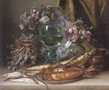 Fish on a platter, vases of summer blooms, a goblet of wine before a salver and a drape - Louis Verboeckhoven