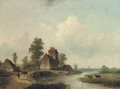 Figures by a bridge, a Dutch hamlet - Louis Smets