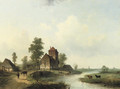 A polder landscape with figures by a bridge - Louis Smets