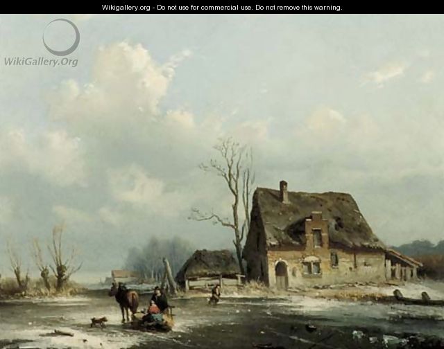 A horse-drawn-sledge on a frozen waterway - Louis Smets