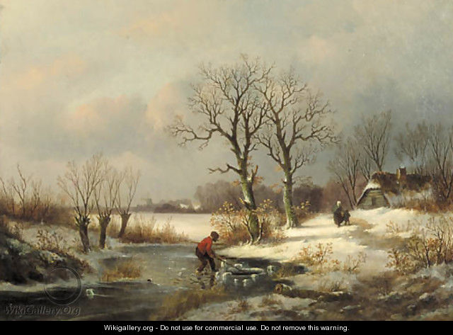 A winter landscape with a figure near a hole in ice - Louis Sierich