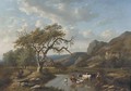 Cattle crossing a ford in a valley with travellers on a sandy track nearby - Louis Pierre Verwee