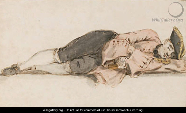 Study of a sleeping violinist, wearing a tricorne and holding his violin under his arms - Louis P. Boitard