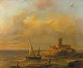 A coastal scene with fishermen, a fortress on a rocky outcrop in the background - Louis Meijer