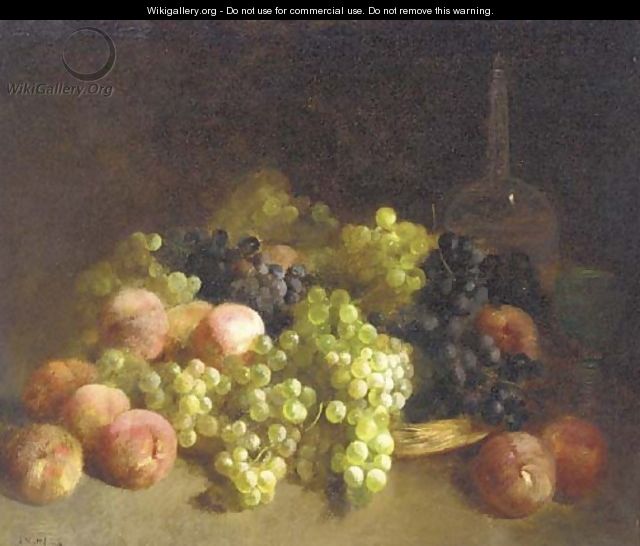 Peaches, white grapes, black grapes, a glass and a decanter - Louis Mettling
