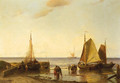 Fisherfolk near beached pinken at dusk - Louis Meijer