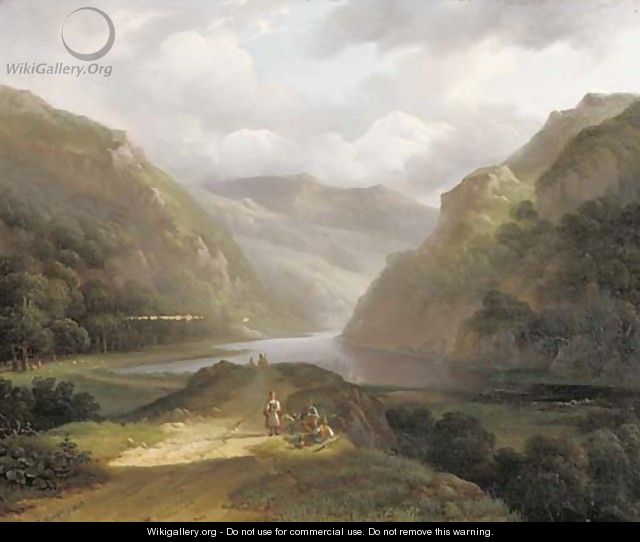 A mountain landscape with countrymen taking a break - Louis Meijer
