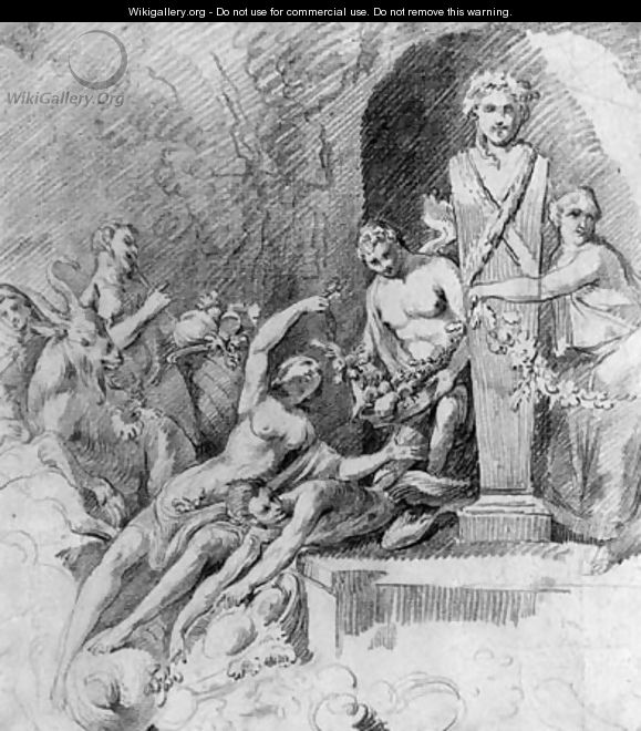 Satyrs and bacchants making an offering to an herm near a grotto (recto and verso) - Louis Masreliez