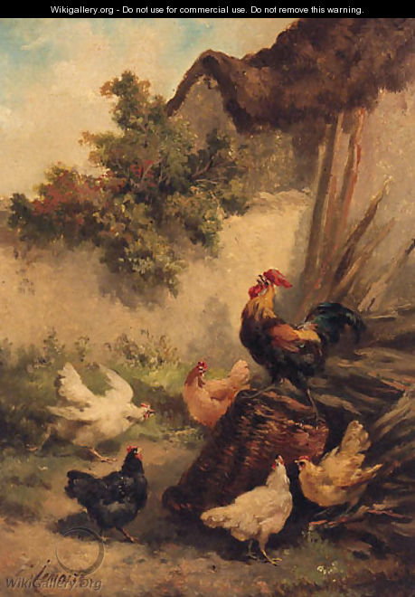 Roosters And Chickens In A Farmyard - Louis Marie Lemaire