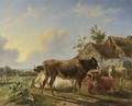 Cattle in a meadow by a farm - Louis Marie Dominique Romain Robbe