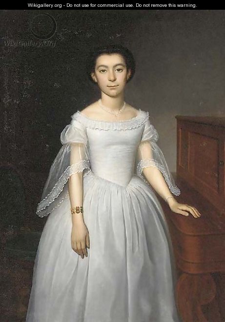 Portrait of a girl, standing, three-quarter length, in a white dress beside a piano - Louis Loyeux