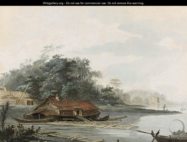 A Lake with a House Boat and Farm Buildings - Louis-Gabriel Moreau the Elder