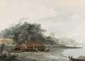 A Lake with a House Boat and Farm Buildings - Louis-Gabriel Moreau the Elder