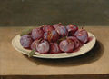 Plums on a white dish on a table - Louise Moillon