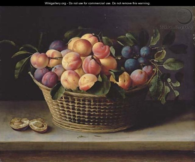 Peaches and plums in a basket with a halved plum on a wooden ledge - Louise Moillon