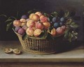 Peaches and plums in a basket with a halved plum on a wooden ledge - Louise Moillon