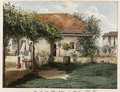 The garden of a small country house near Aix-les-Bains, with two ladies at a table under a pergola, one reaching for grapes - Louise Cochelet