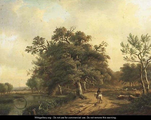 A horseman and his dog on a country lane - Louis Pierre Verwee