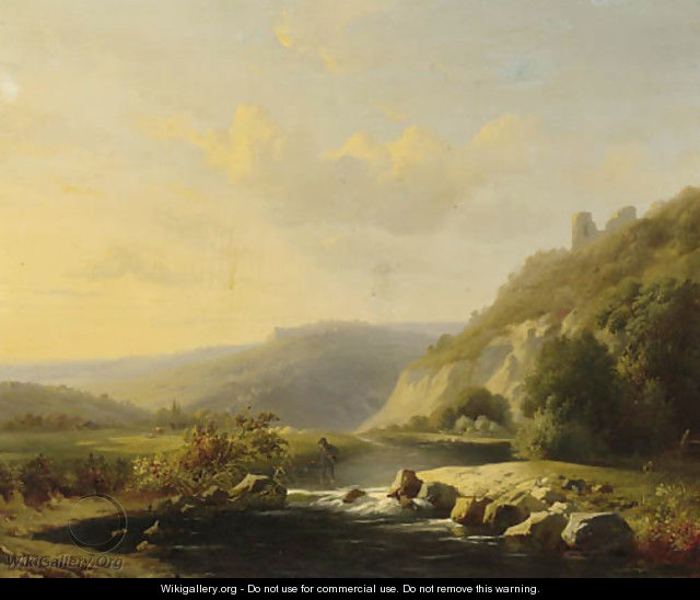 A extensive mountainous river landscape with a shepherd wading through a river - Louis Pierre Verwee