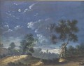 A moonlit landscape with a figure leading two cattle, a lake in the distance - Louis Nicolael van Blarenberghe