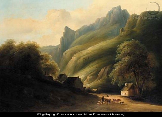 A drover with his livestock by a mountainside hamlet - Louis-Nicholas Chainbaux