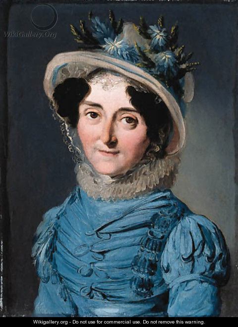 Portrait of a lady, small bust-length, in a blue dress and a hat decorated with flowers - Louis Léopold Boilly
