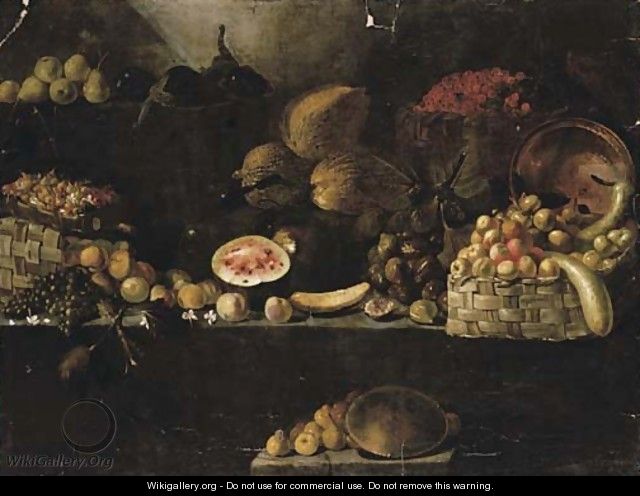 A basket of apples, calabashes, an upturned copper vessel, figs, melons, with other fruit on rocky ledges - Luca Forte