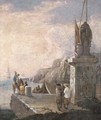 Figures on a quayside with shipping in calm waters - Luca Carlevaris