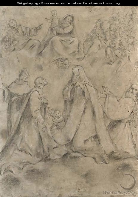 The Madonna and Child with Saint Joseph and angels appearing to a cardinal, a prelate, a Benedictine nun and a Carthusian saint, above the towers of a - Lombard School