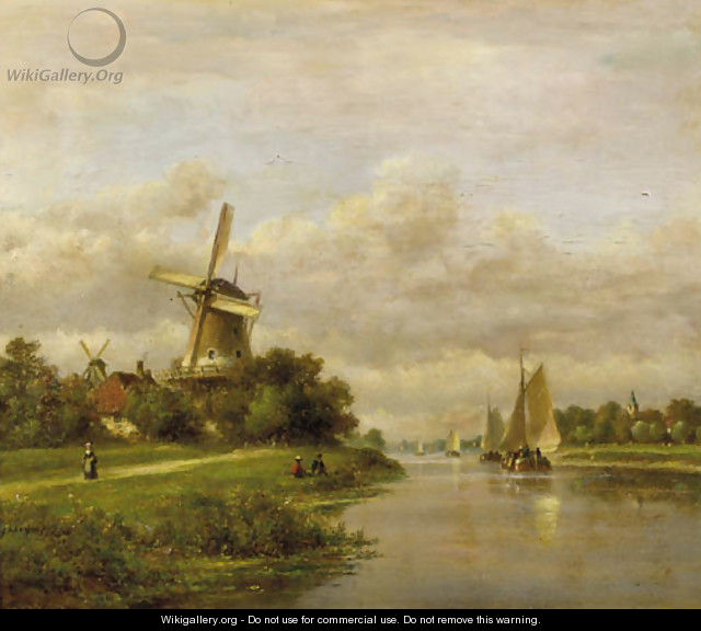 A summer landscape with vessels on a river - Lodewijk Johannes Kleyn