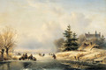 Skaters on a frozen waterway, a mansion beyond - Lodewijk Johannes Kleijn