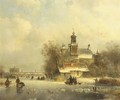 Numerous skaters on the ice by a church, a koek and zopie and a sunlit town in the distance - Lodewijk Johannes Kleijn