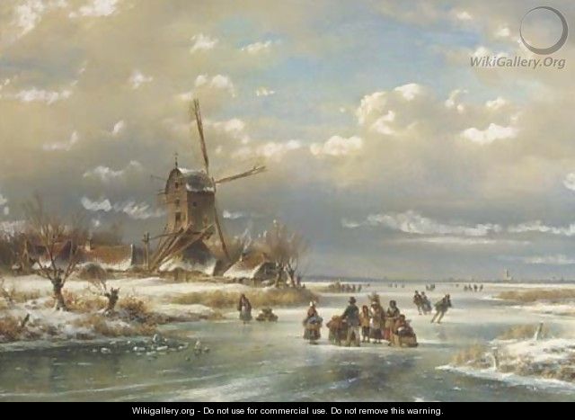 Figures on a frozen river by a windmill - Lodewijk Johannes Kleijn