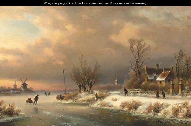 A snow-covered landscape with skaters on a frozen waterway - Lodewijk Johannes Kleijn