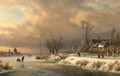 A snow-covered landscape with skaters on a frozen waterway - Lodewijk Johannes Kleijn