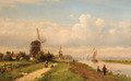 A panoramic summer landscape with fishermen along a canal - Lodewijk Johannes Kleijn