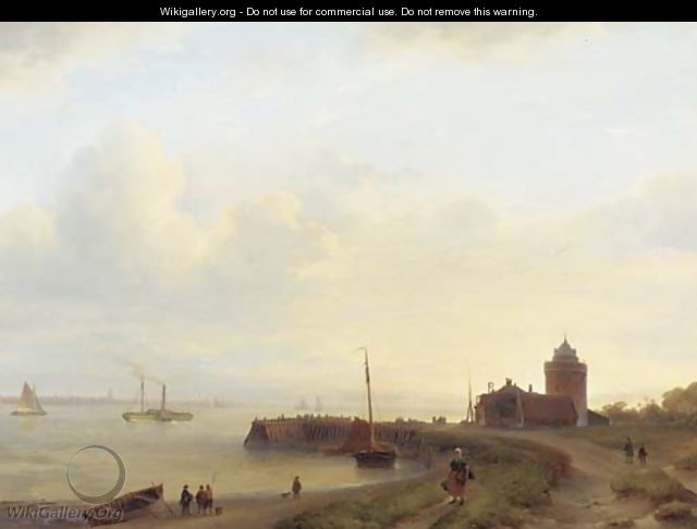 A panoramic river landscape with figures on an embankment and a town in the distance - Lodewijk Johannes Kleijn