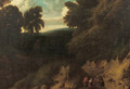 A sportsman conversing with travellers on a path at the edge of a wood - Lodewijk De Vadder