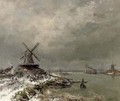 A windmill along a river in winter - Louis Apol
