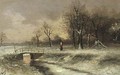 A figure walking beside a stream, in a snowy landscape - Louis Apol
