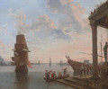 A capriccio of a Mediterranean harbour with elegant figures disembarking, shipping beyond - Lorenzo A. Castro