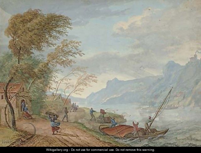 A river landscape in a storm with peasants on a track and boatmen steering a ferry - Louis Chalon