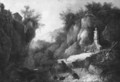 A stream in a rocky gorge with figures by a fountain - Louis Belanger