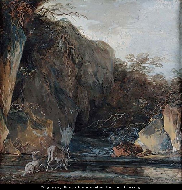 A stag and a hind at a stream below cliffs - Louis-Gabriel Moreau the Elder