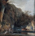 A stag and a hind at a stream below cliffs - Louis-Gabriel Moreau the Elder