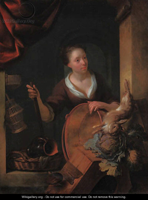 A kitchen maid before a niche, with a copper basin, a dead hare, a cabbage, a hutch and other objects - Louis De Monie