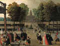 An elegant company in a park with a boating lake and formal garden, a palace beyond - Louis De Caullery